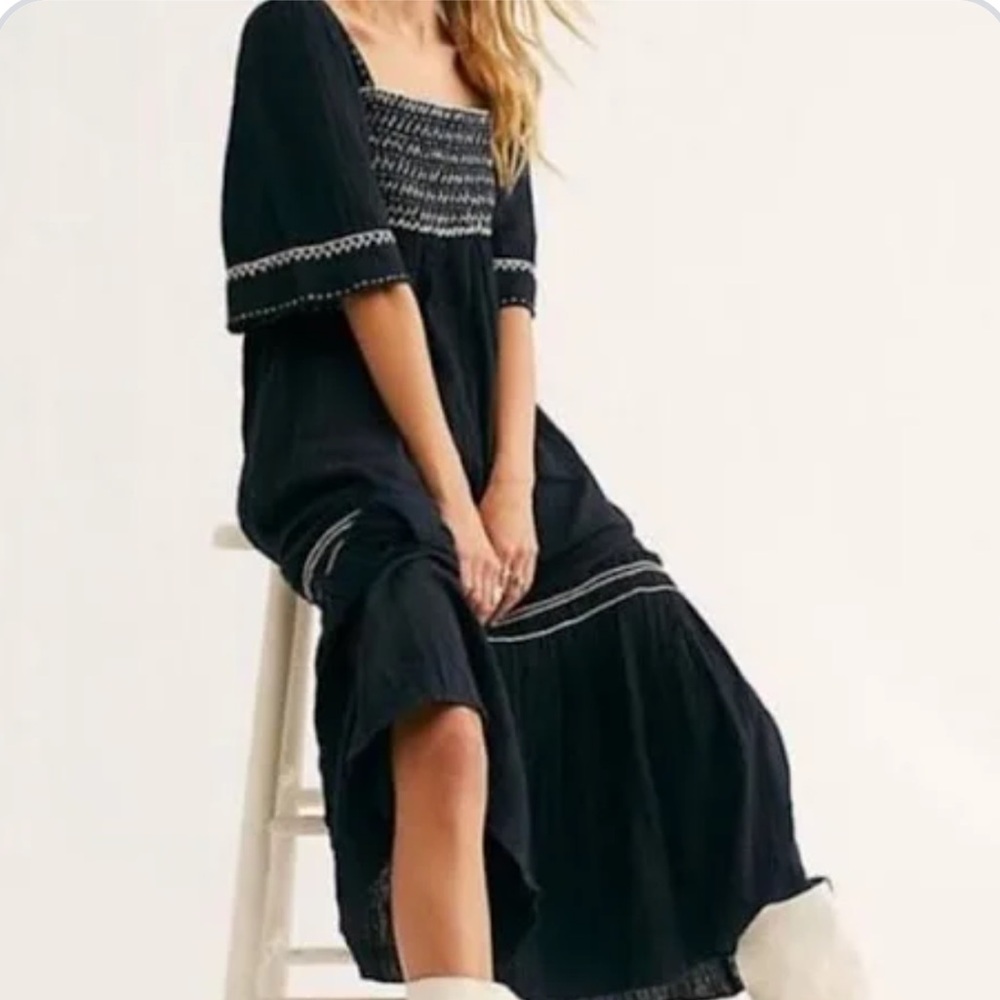 Free People Black Embroidered Smocked Dress with Back Tie